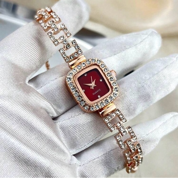 Red Square Faced Rhinestone & Gold Bolo Watch - Picture 3 of 4